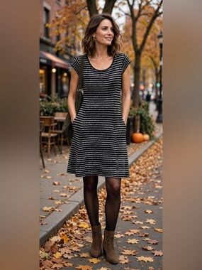 LOFT Black White Striped Textured Knit Fit & Flare Dress M